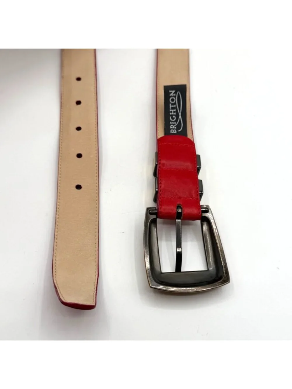 Vintage Brighton Red Leather Belt Brass Buckle #45212 Size M